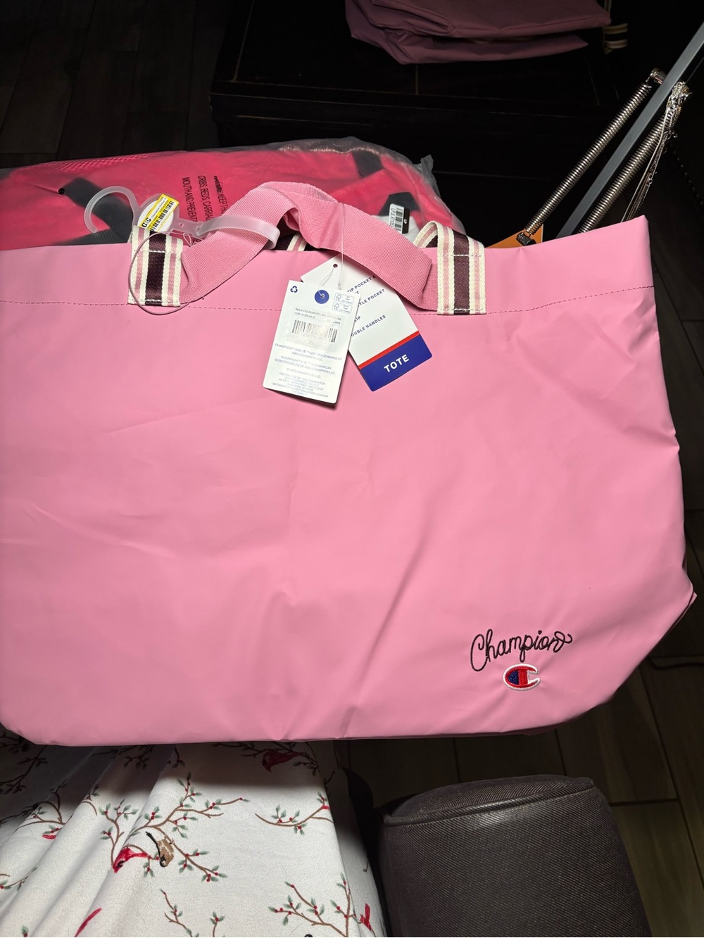 Champion Pink Nylon Tote with Striped Handles
